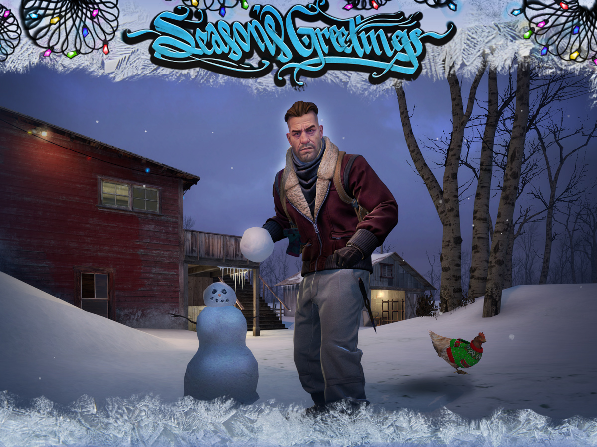Зимен пейзаж със снежен човек, пиле с празничен пуловер и персонаж от новите агенти/терористи за персонализиране, готвещ се да хвърли снежна топка