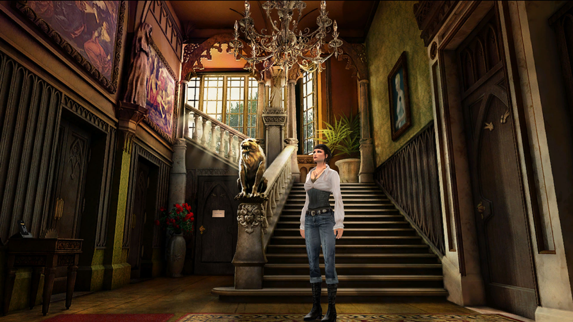 Entrance hall of Dread Hill House, Oxford, in Gray Matter adventure game screenshot | Inky Squiggles