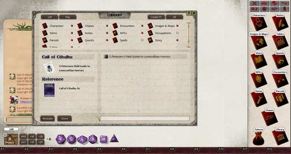 Скриншот из Fantasy Grounds - S.Petersen's Field Guide to Lovecraftian Horrors (CoC7E)