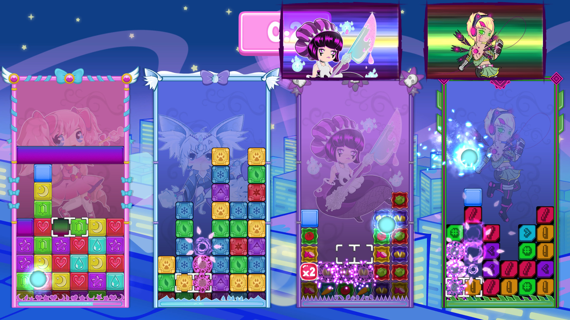 four boards filled with puzzle blocks during a 4-player match
