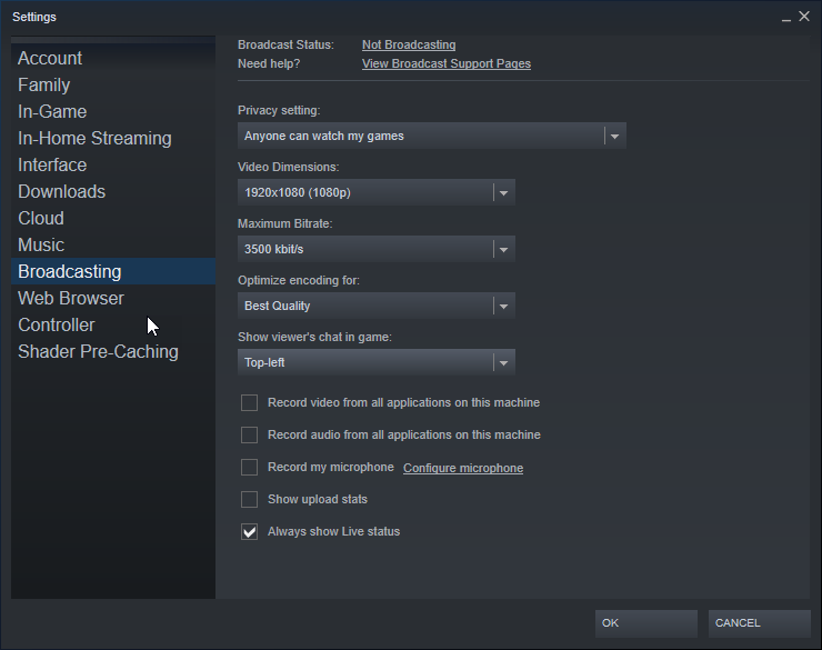 Steam setup. Steam settings. Private settings Steam. Steam Broadcast. Steam profile privacy settings:.