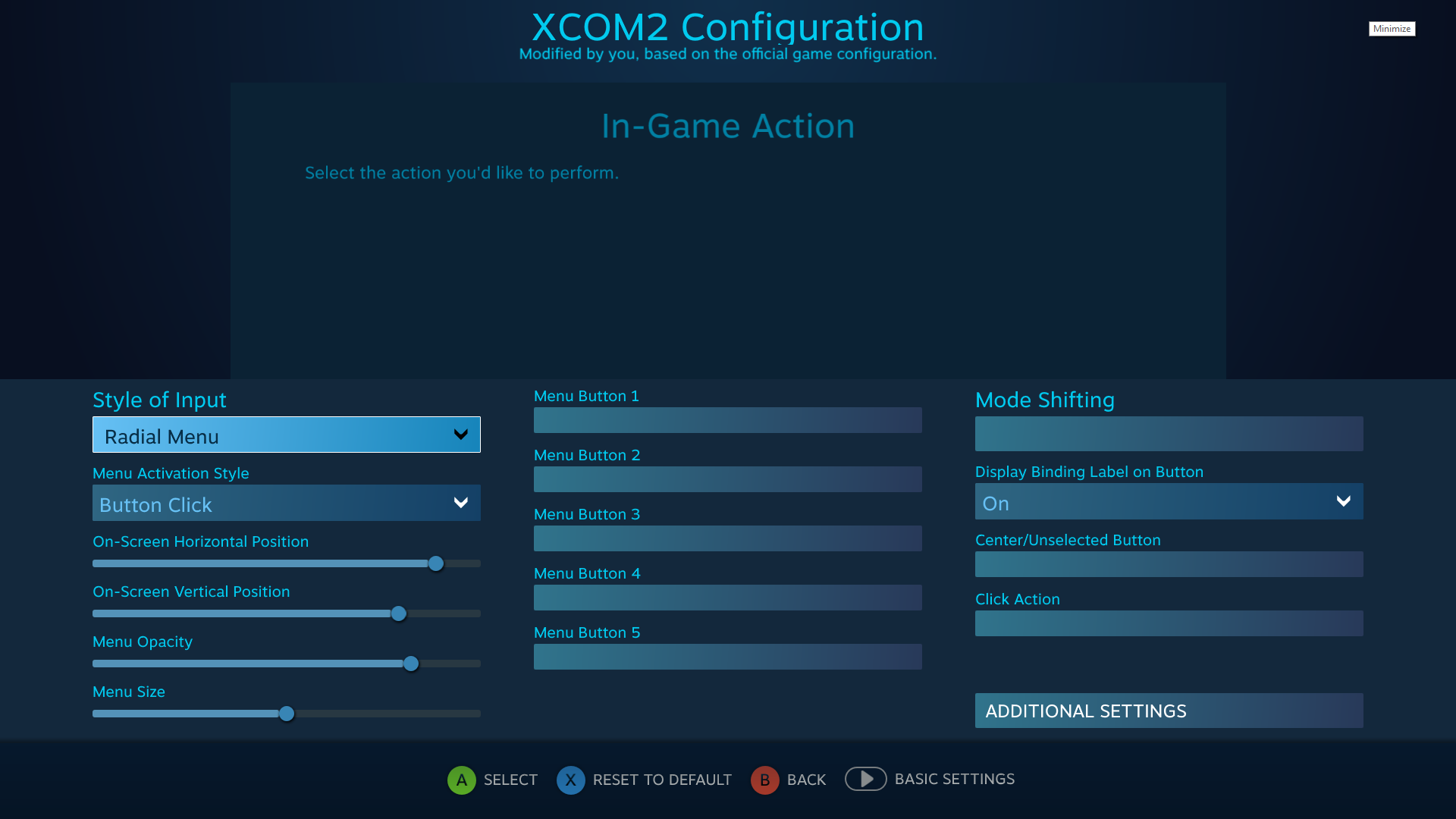 Customizable settings menu (main menu and pause game menu are