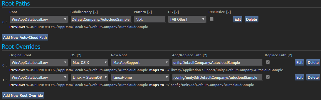 Exemple de configuration Steam Auto-Cloud pour les applications Unity